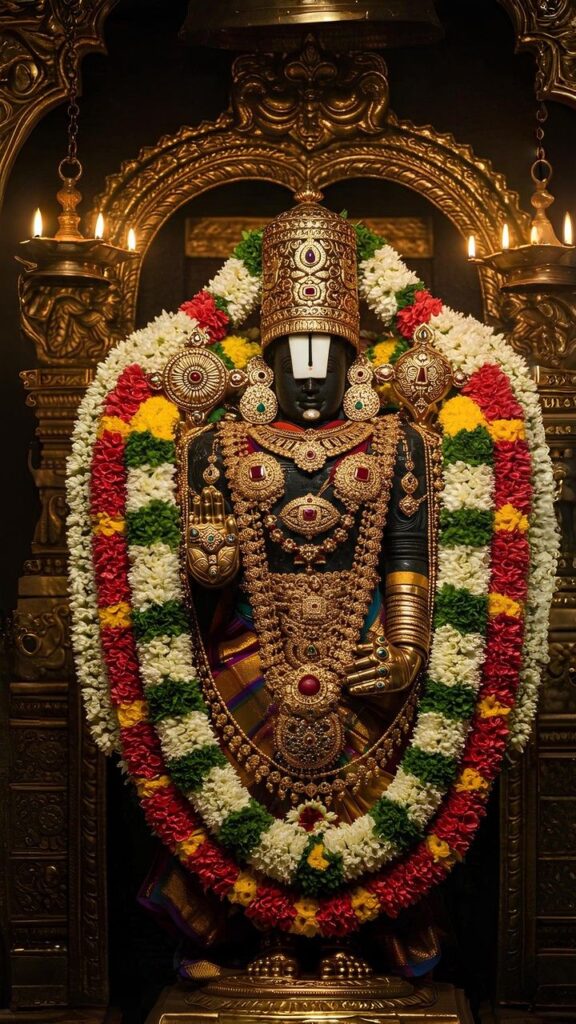 “Tirupati Balaji idol inside Tirumala temple sanctum”